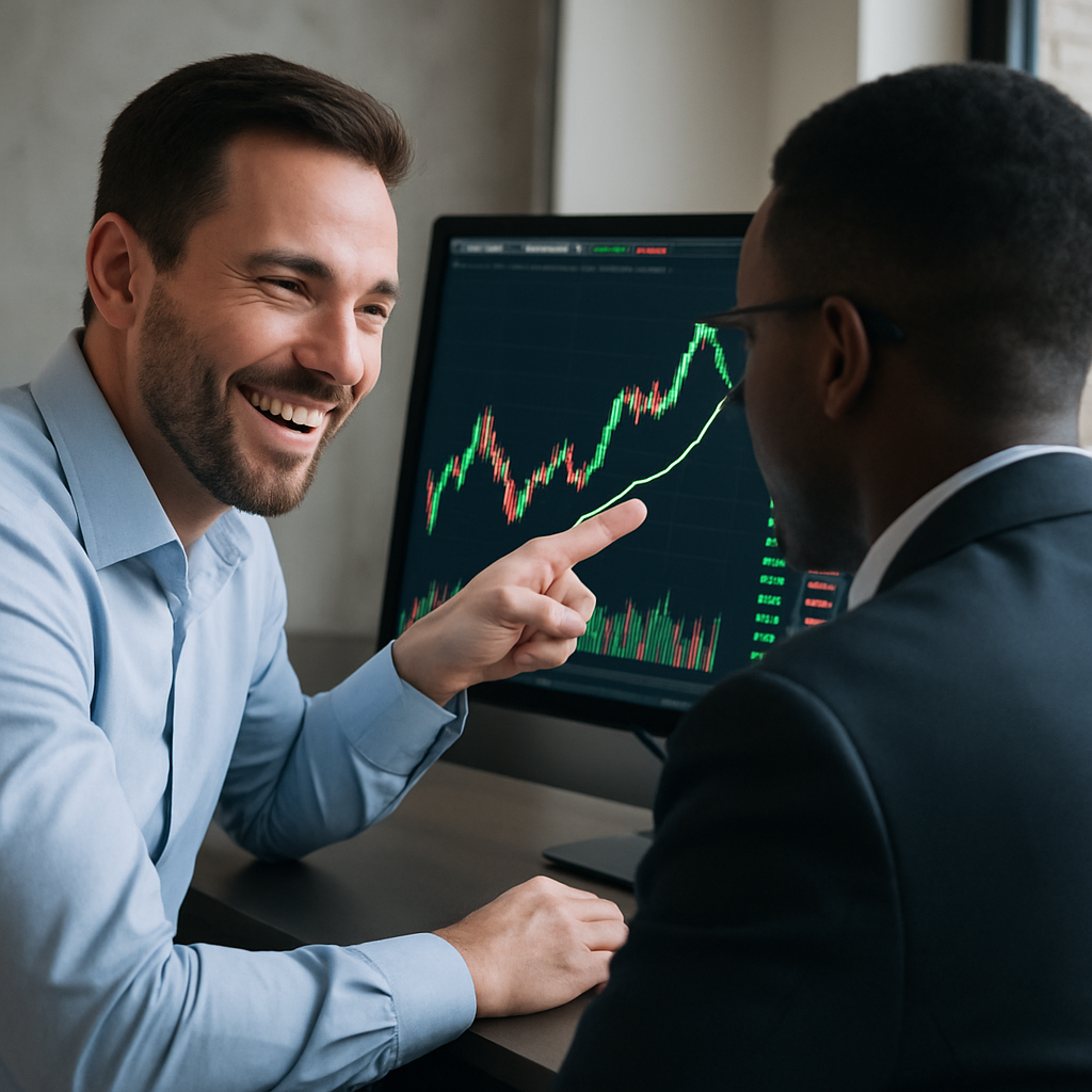 a financial trader showing someone else their success on a trading screen a financial trader showing someone else their success on a trading screen