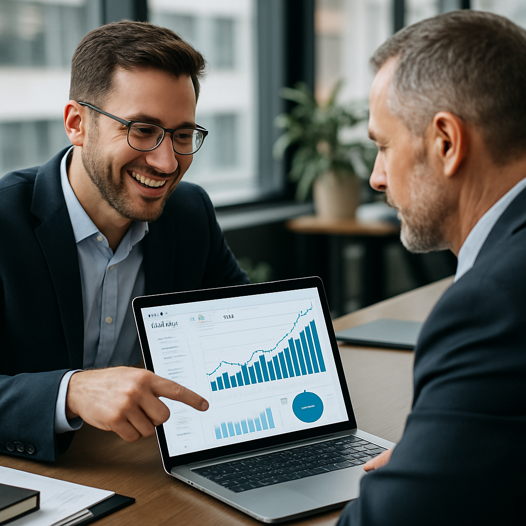 a man showing another man a screen shot of analysis on a computer On a laptop in a financial setting