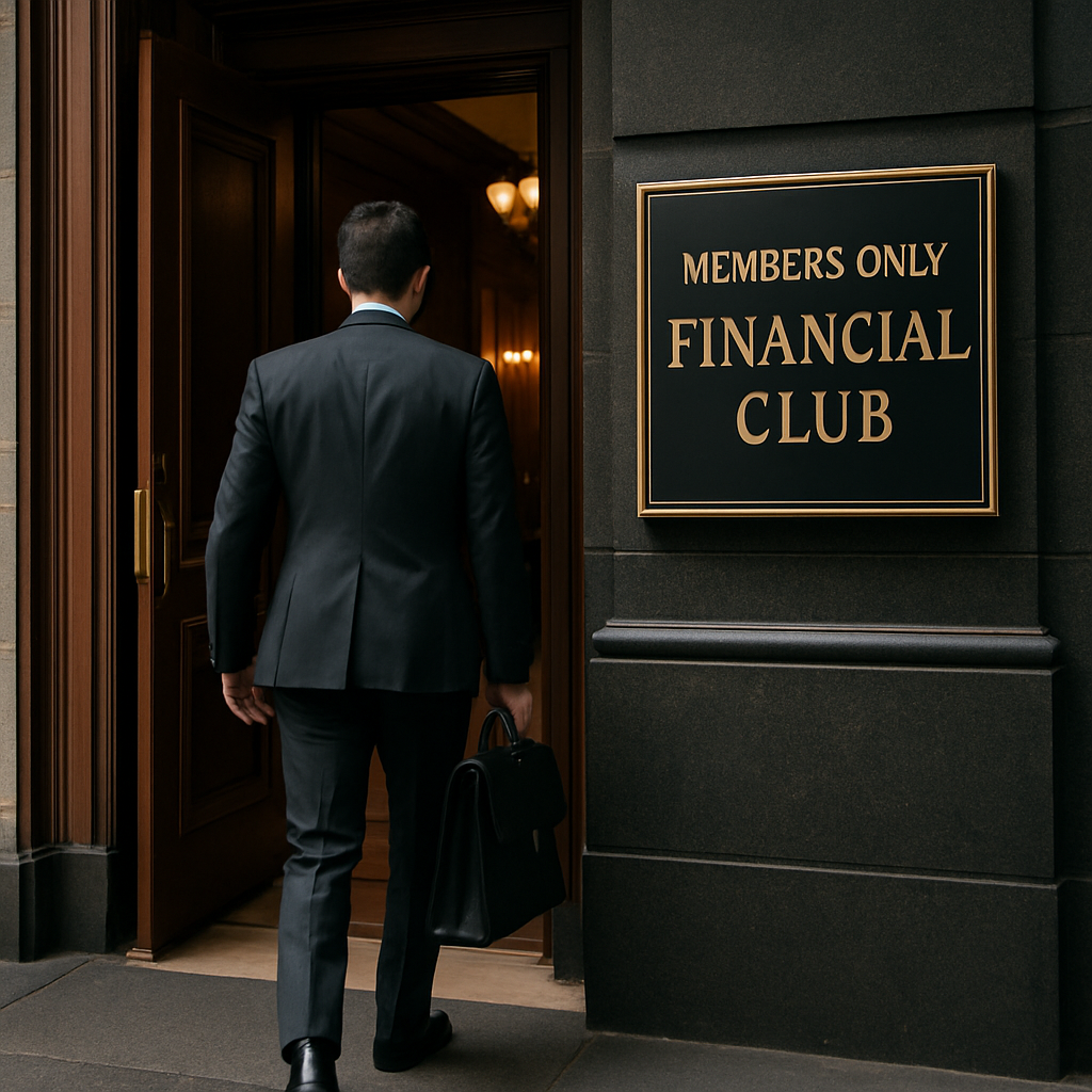 show a man walking into a members only financial club